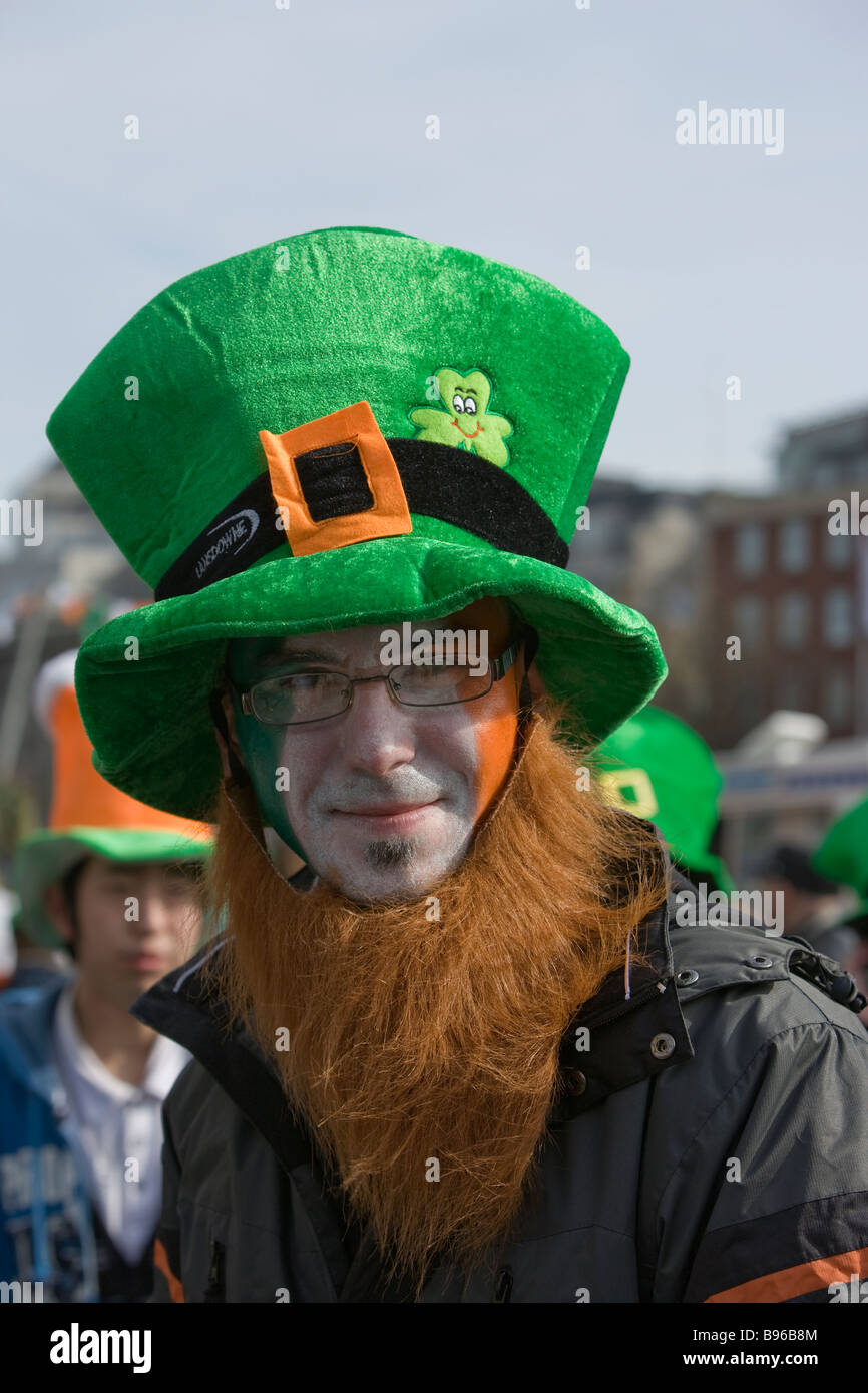 Polish resident Paul dressed up as leprechaun for the Dublin St Patrick s Day parade Stock Photo