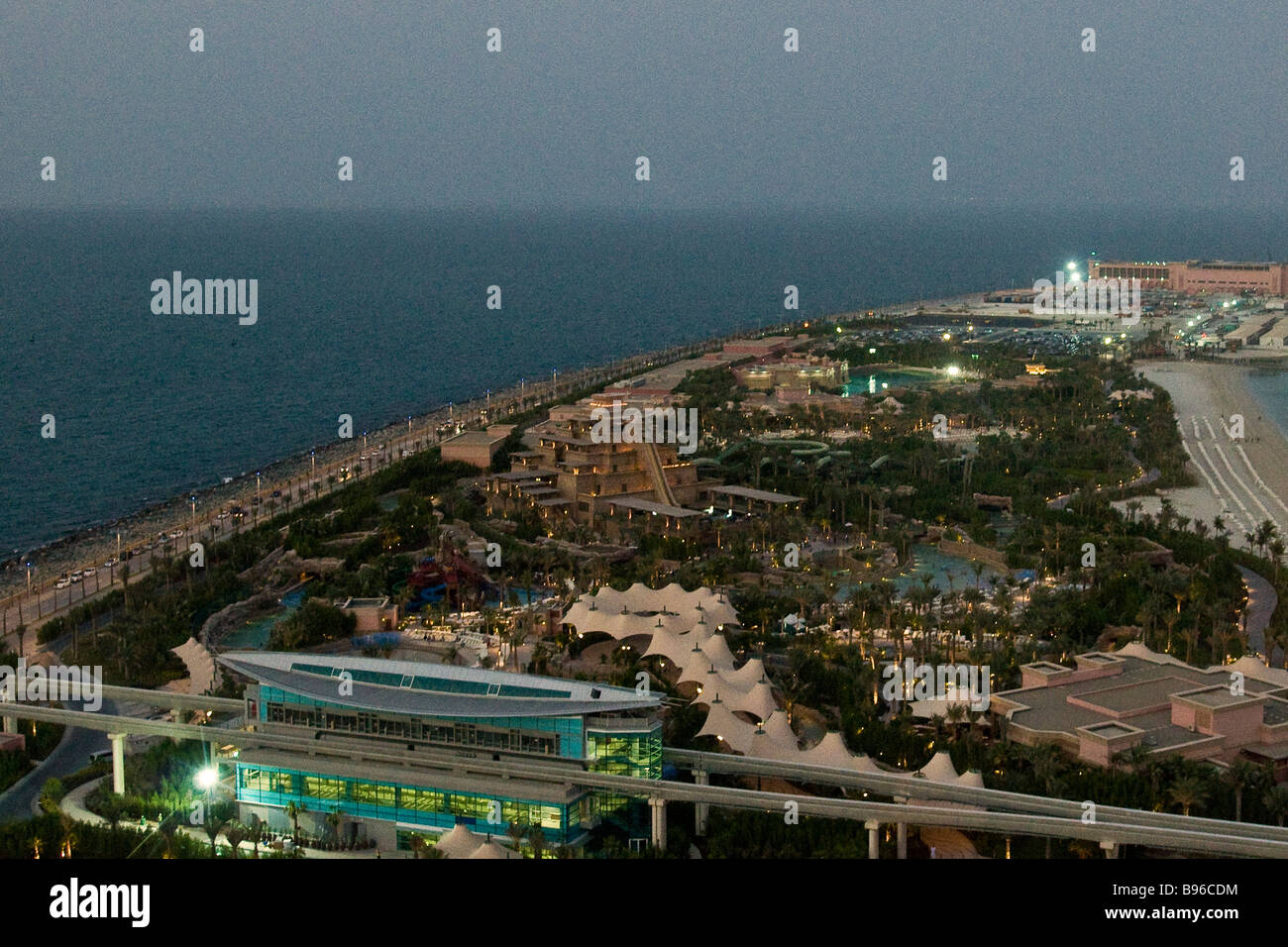 View the Atlantis Palm Hotel and the artificial island shaped like a palm Dubai United Arab Emirates Stock Photo