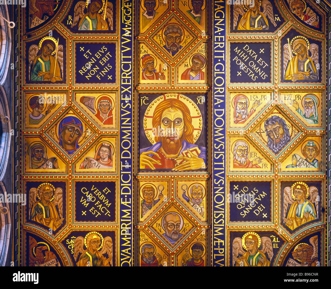 Buckfast Abbey, Buckfastleigh, Devon, UK. The ceiling of the Lantern Tower, painted by Dom Charles Norris in 1939 in the Byzantine style Stock Photo