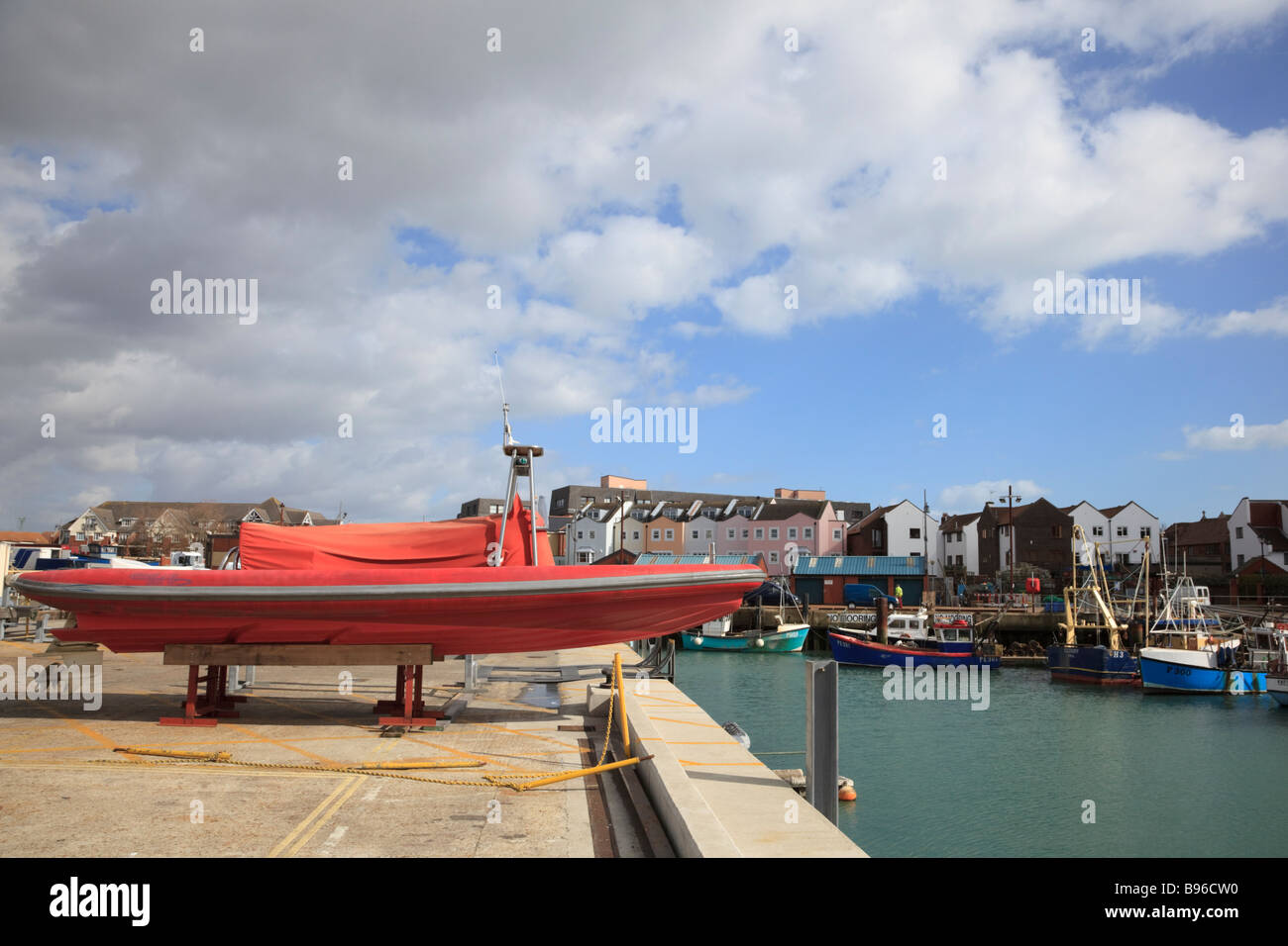 A rigid inflatable boat on the dockside in Old Portsmouth Stock Photo