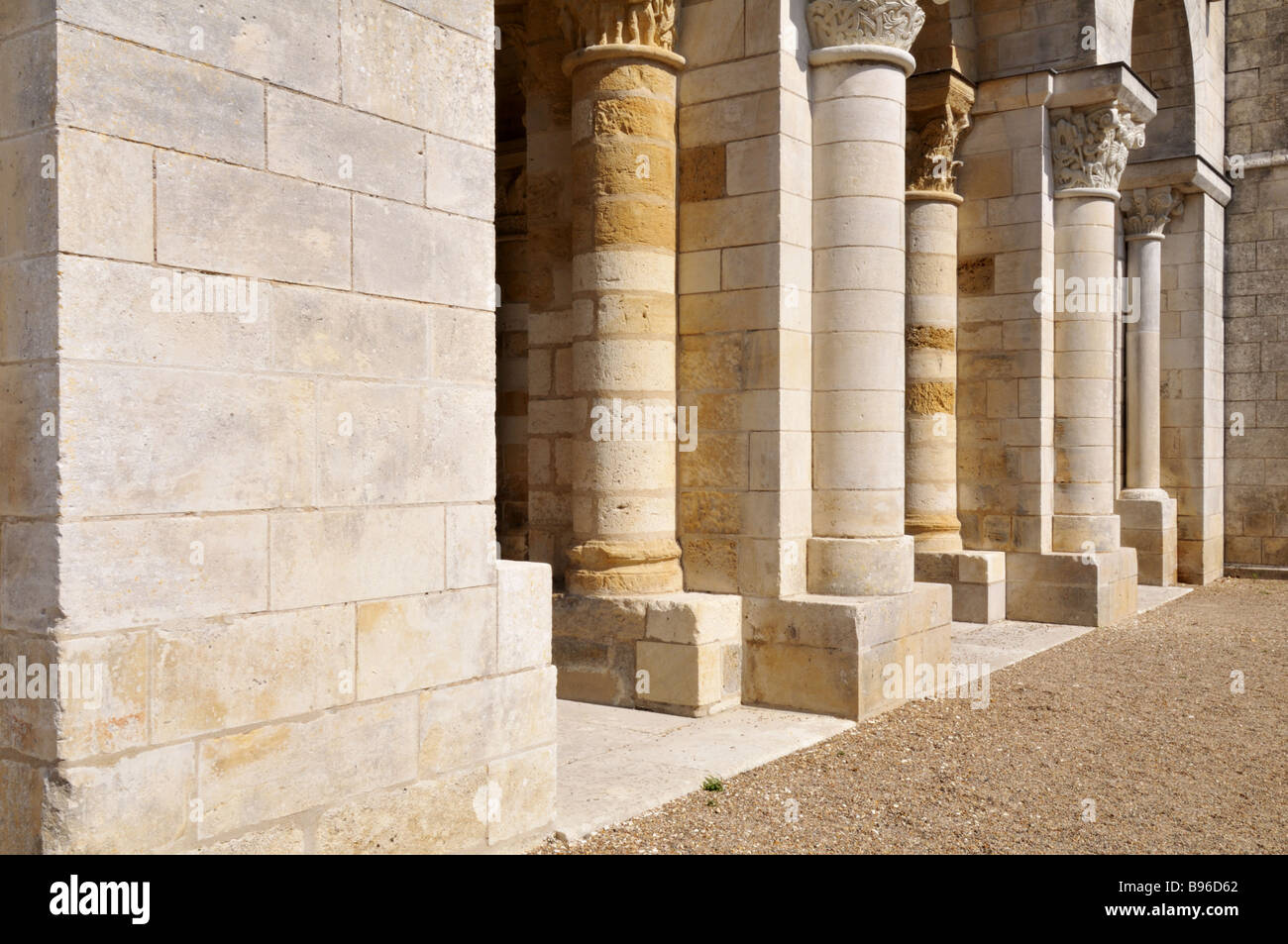 The pillars of the entrance lobby of Fleury Abbey basilica at St Benoit sur Loire France Stock Photo