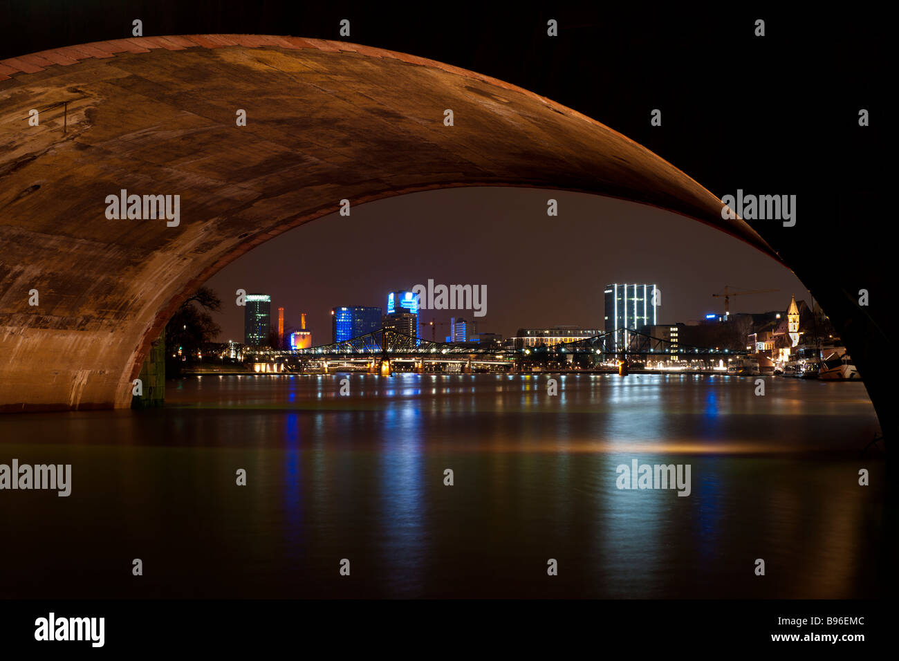 Frankfurt by night under the bridge. River Main Germany. Stock Photo