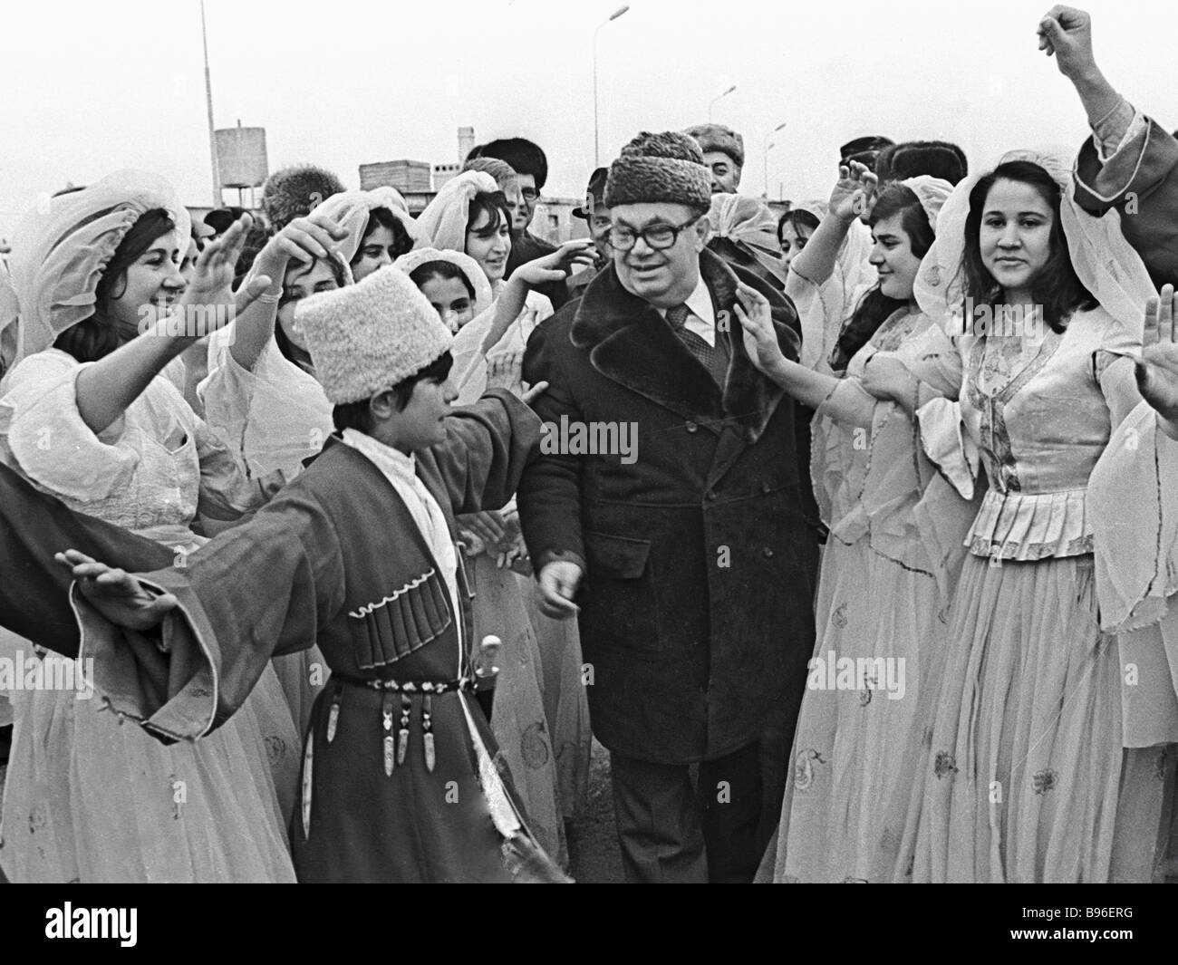 Secretary of executive committee of the Yugoslav communist party presidium Stane Dolanc centre among the amateur performers and Stock Photo