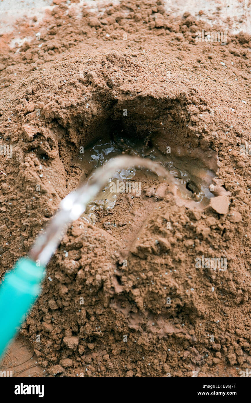 Sand and portland cement have been mixed together and water is added into a hole in the centre
