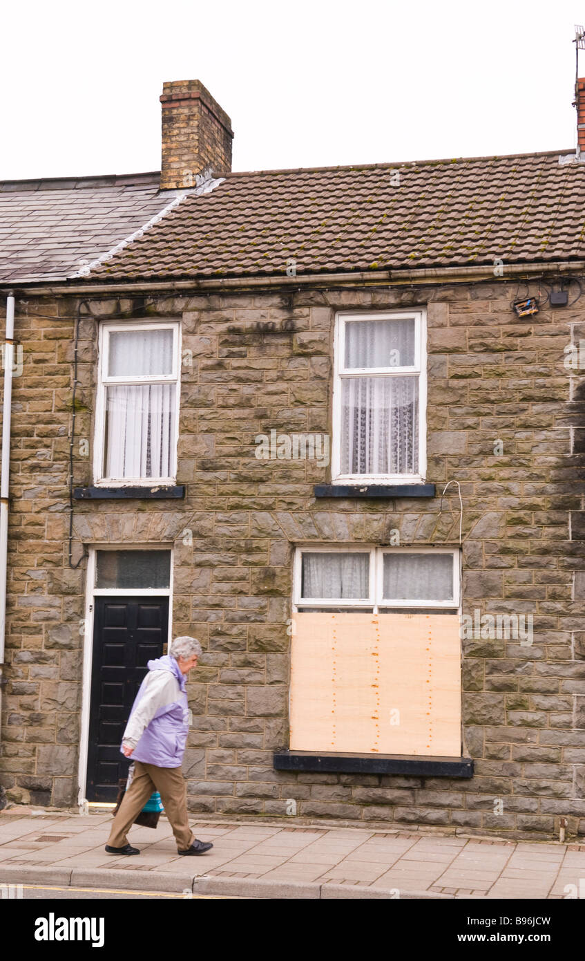 Boarded up terraced houses in Treorchy Rhondda Valley South Wales UK