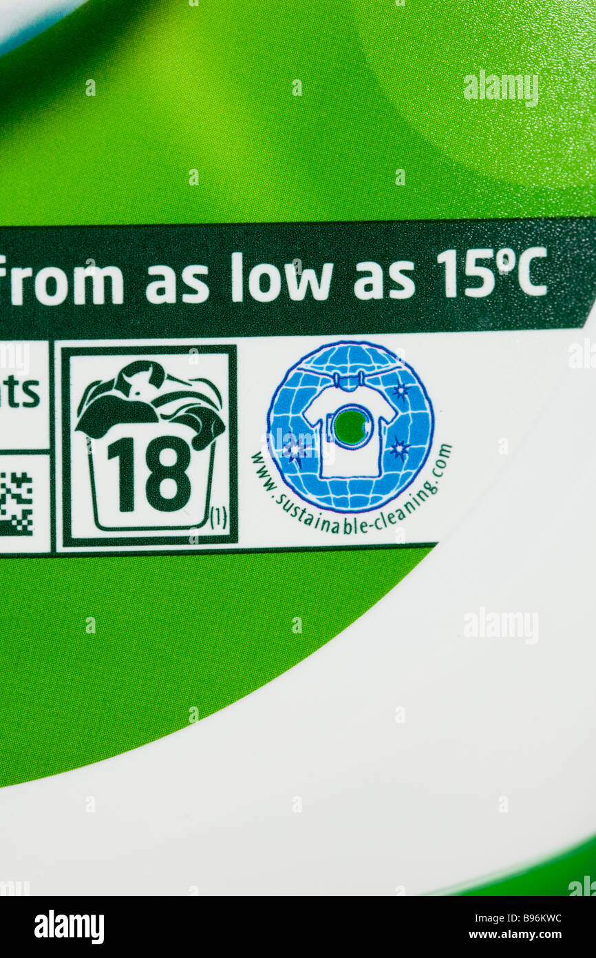 Sustainable cleaning logo on Ariel low temperature washing detergent gel bottle UK Stock Photo
