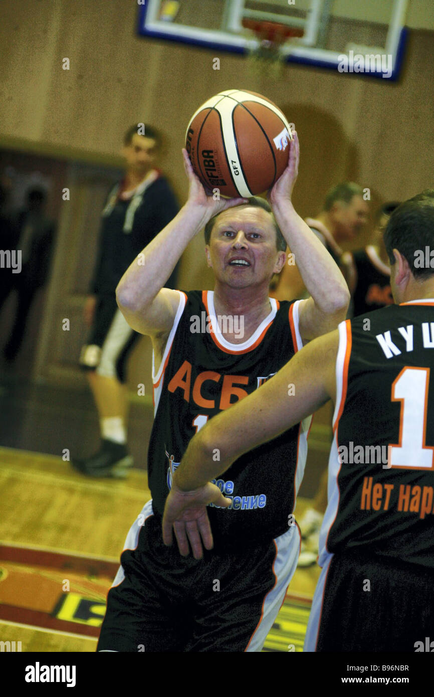 A basketball match between Present Students and Former students at the 1st All Russian festival of student basketball with the Stock Photo