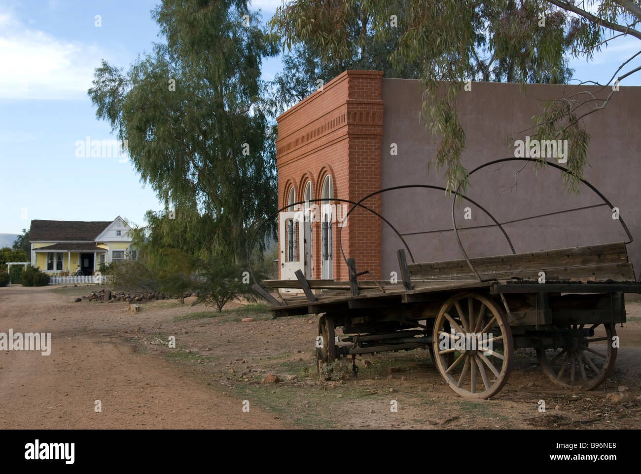 Pioneer Living History Village with an Old Western Bank and an Old Western Wagon, located in Phoenix, Arizona, USA. Od West Homestead is down the road. Stock Photo
