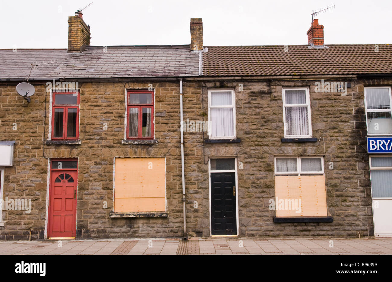 Boarded up terraced houses in Treorchy Rhondda Valley South Wales UK