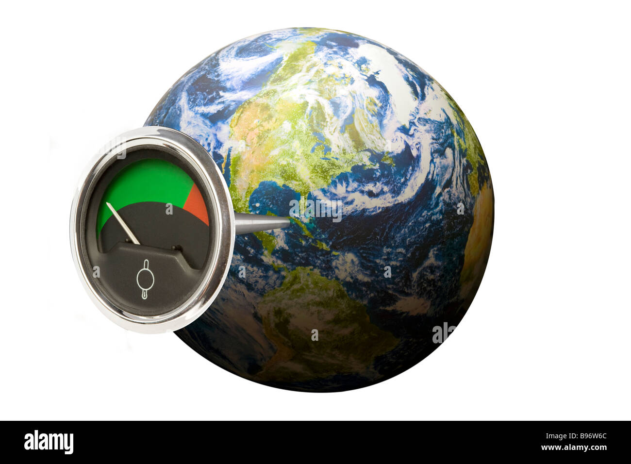 Gauge sticking out of planet earth depicting carbon emissions or a change in temperature environment of the planet Stock Photo