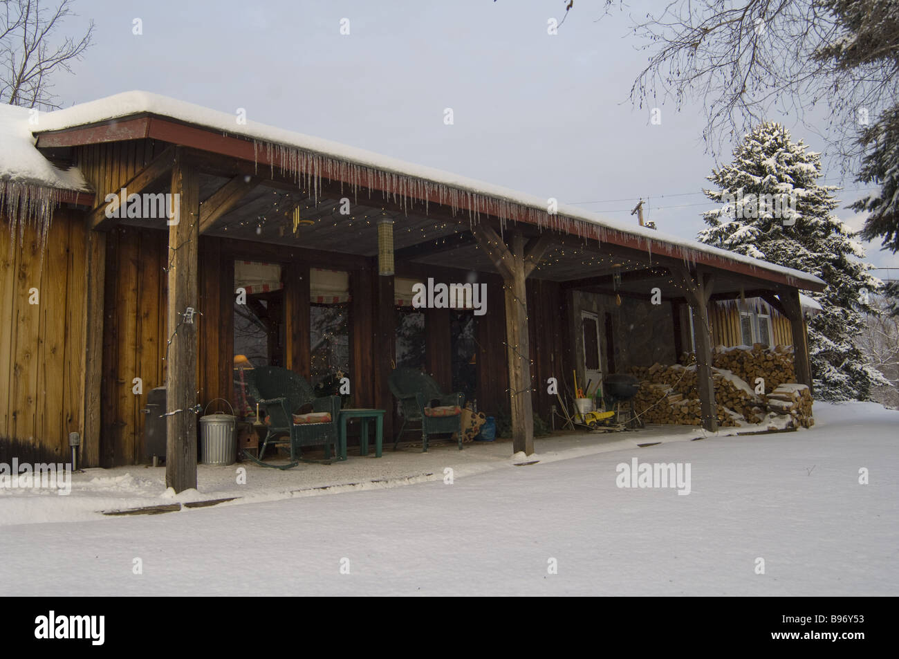 Front Porch Of Cozy Cottage With Winter Snow Hudson Valley New