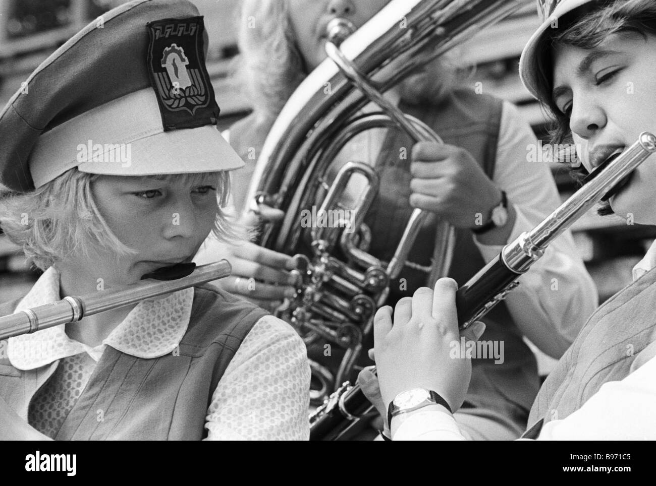 Wind band musicians rehearsing before the performance at the song
