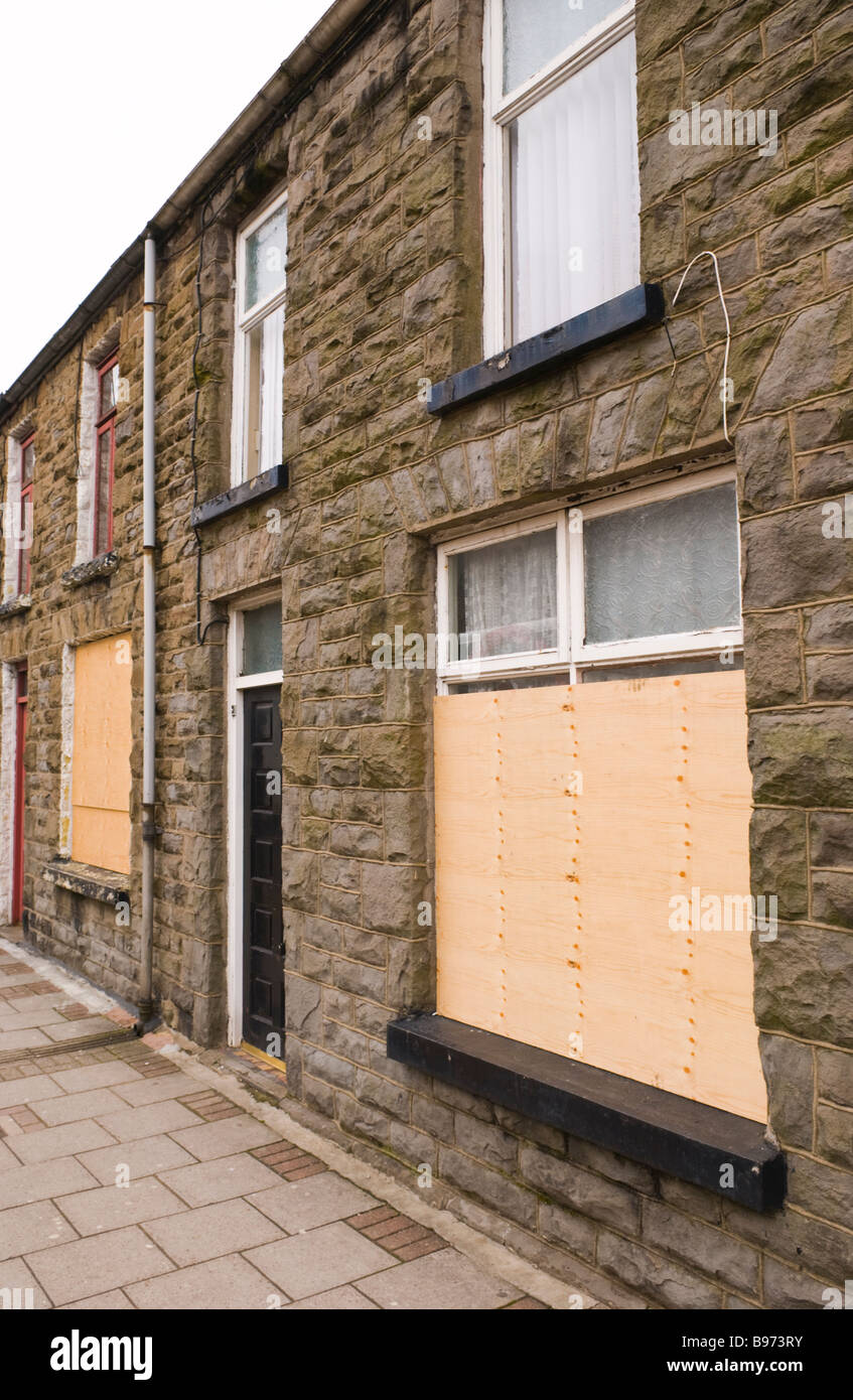 Boarded up terraced houses in Treorchy Rhondda Valley South Wales UK