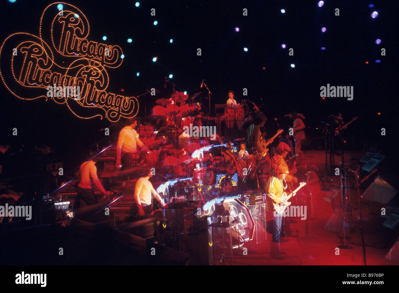 CHICAGO Split screen photo of the US rock group in 1977 Stock Photo