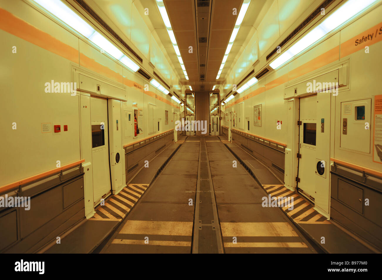 Channel Tunnel rail link - empty vehicle carriage for cars and coaches Stock Photo