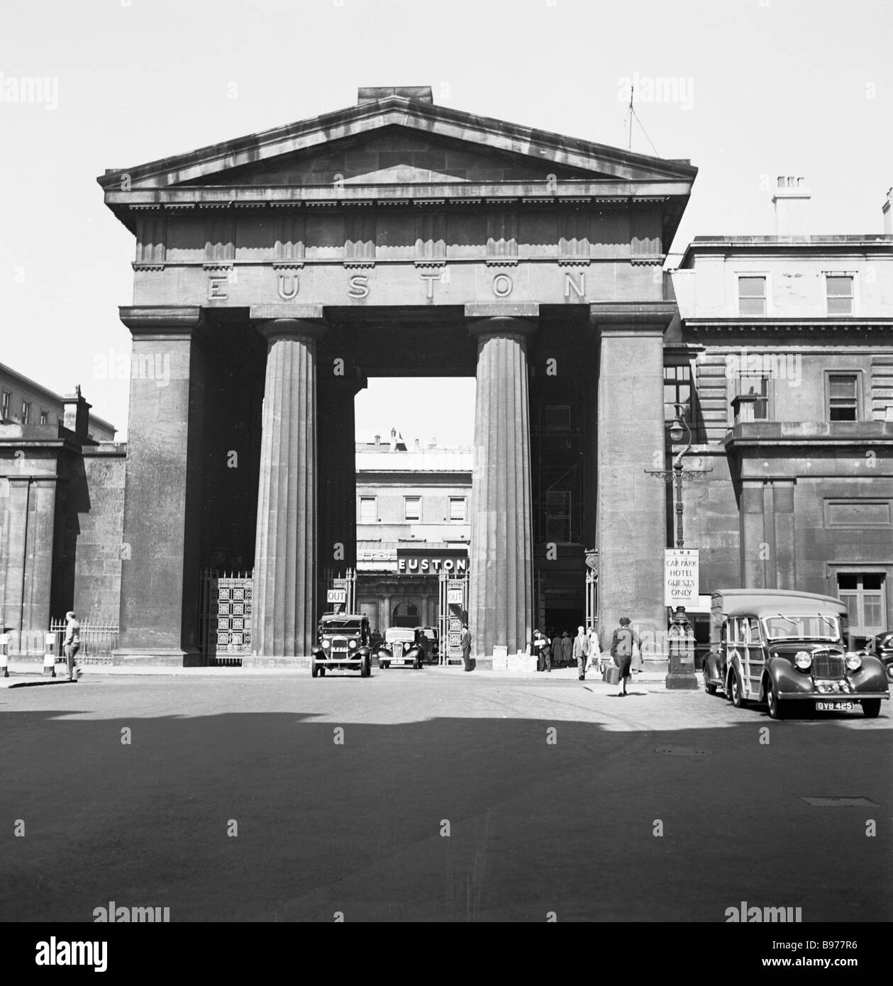 Euston Railway Station Arch, London,1950s. This grand four columned imposing archway, built in 1837, was the original entrance of the railway station. Stock Photo