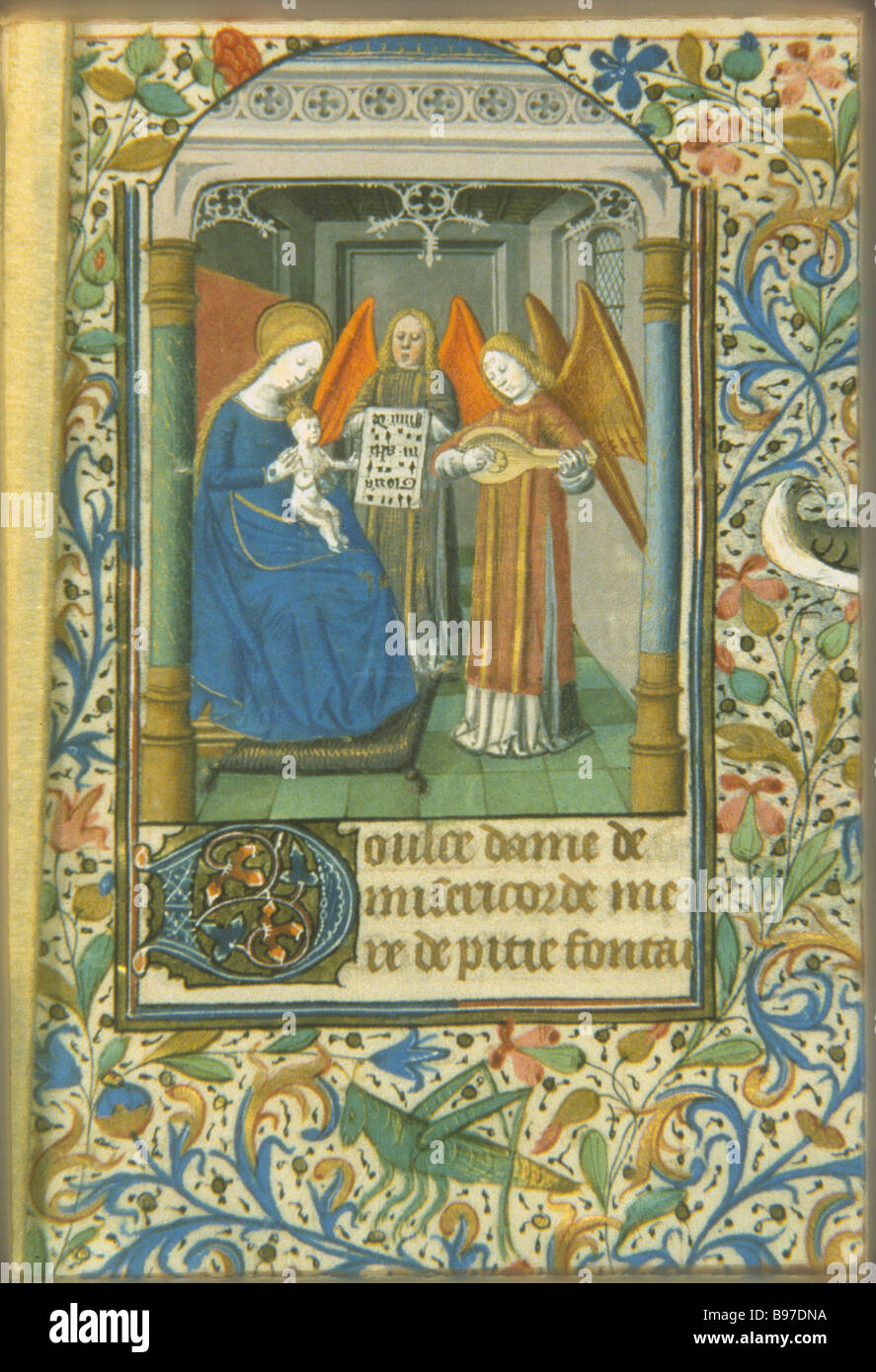 The Virgin Mary with Jesus and two angels, 14th century book of hours, South African Library, Cape Town Stock Photo