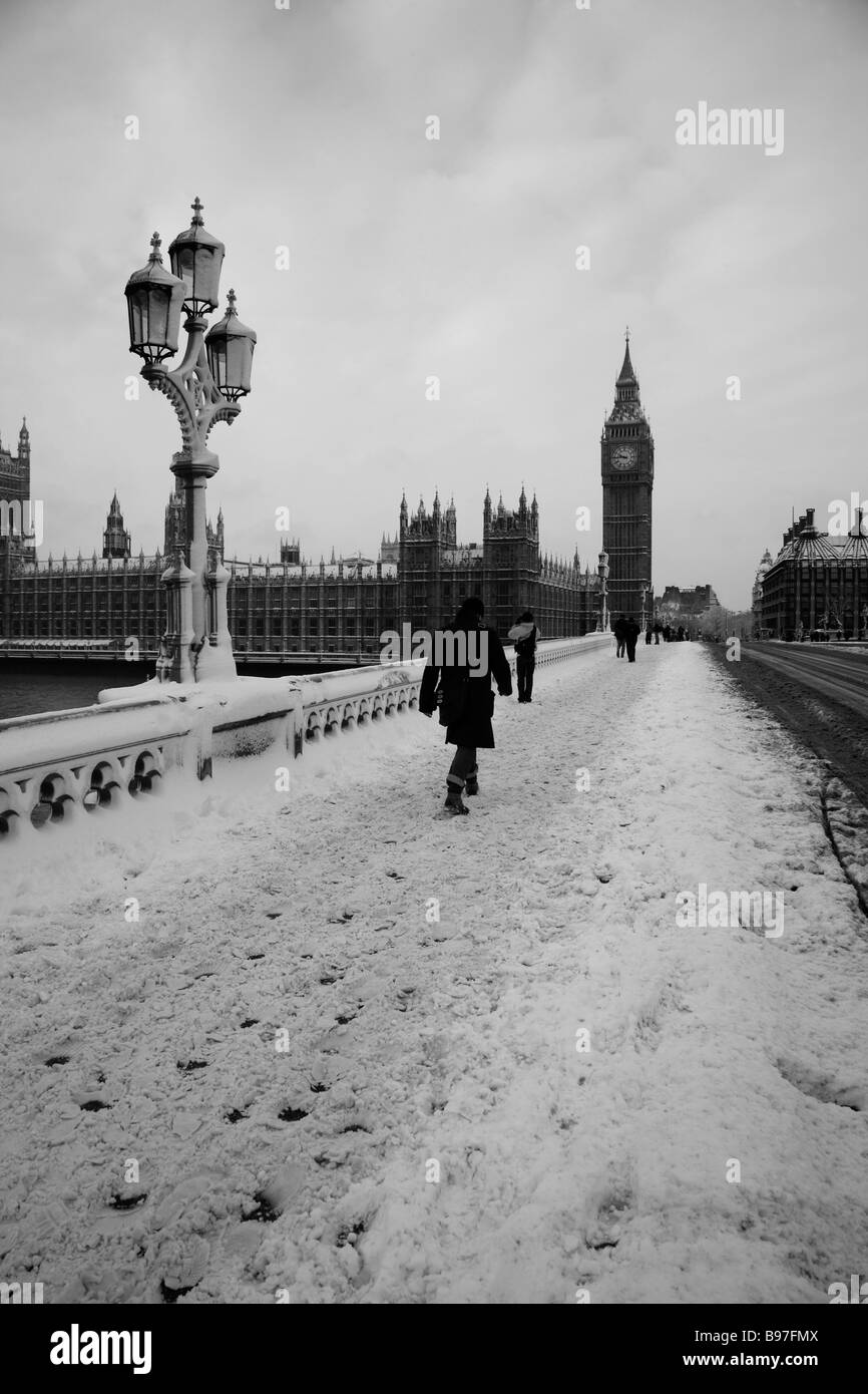 View of Big Ben from snow covered Westminster Bridge, Westminster, London Stock Photo