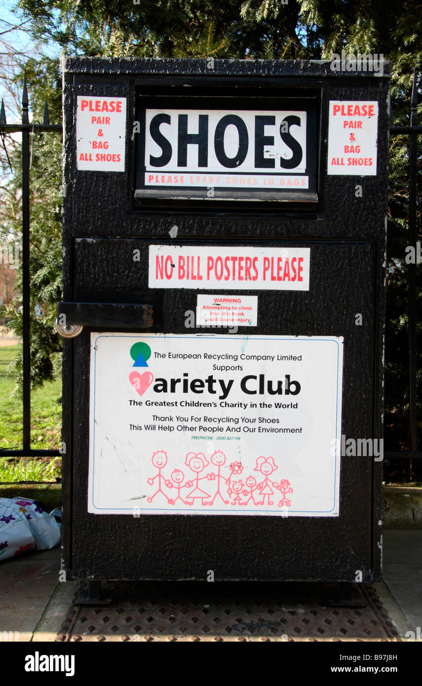 A recycling container from the Variety Club for old shoes in Chelsea, London. Stock Photo