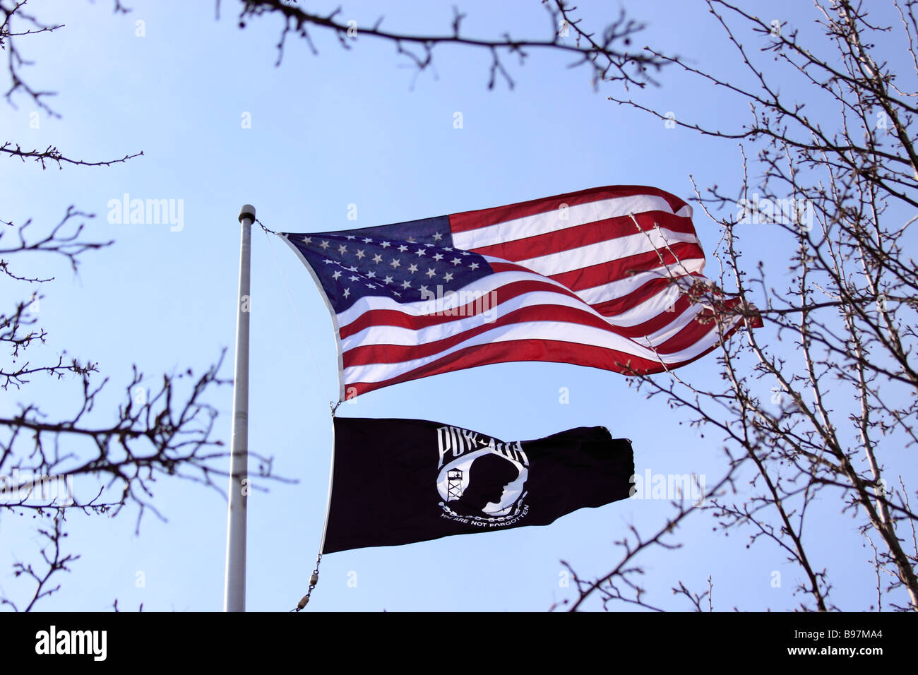 American and Prisoner of War /  Missing in Action flags, Vietnam Veterans Memorial, Long Island New York, USA Stock Photo