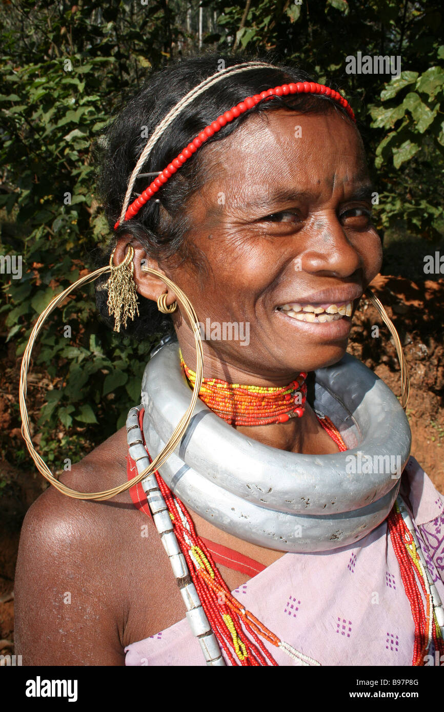 Portrait of Indian Gadaba Tribe Woman wearing neck rings and hoop earrings Stock Photo