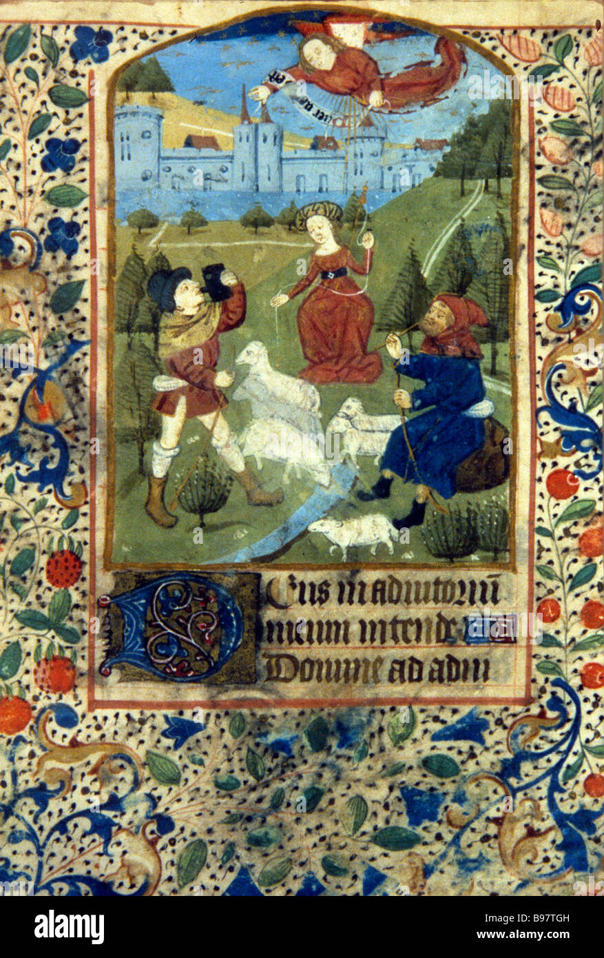 Annunciation to the Shepherds a 14th century Ms from the Book of Hours  South African Library Capetown Stock Photo