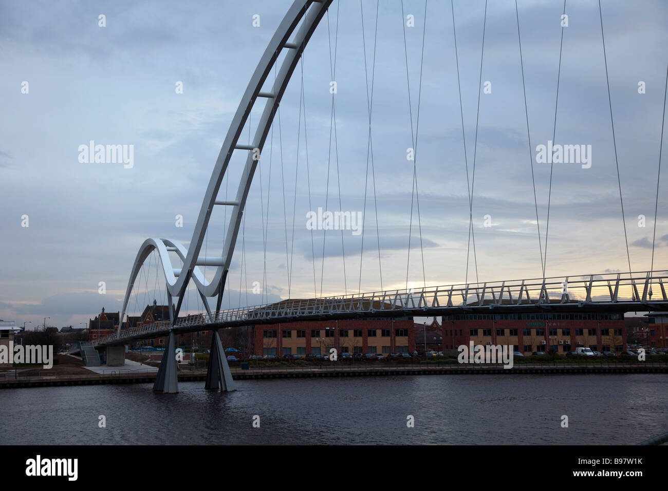 Infinity pedestrian and cycle bridge. Footbridge with mathematical asymmetrical arches in Thornaby-on-Tees, Middlesborough, Teesside. Stock Photo