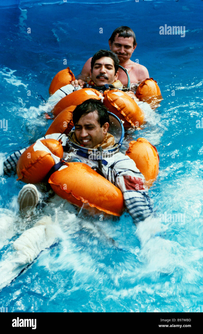 Indian cosmonauts Rakesh Sharma Ravish Malhotra and cosmonaut Anatoly