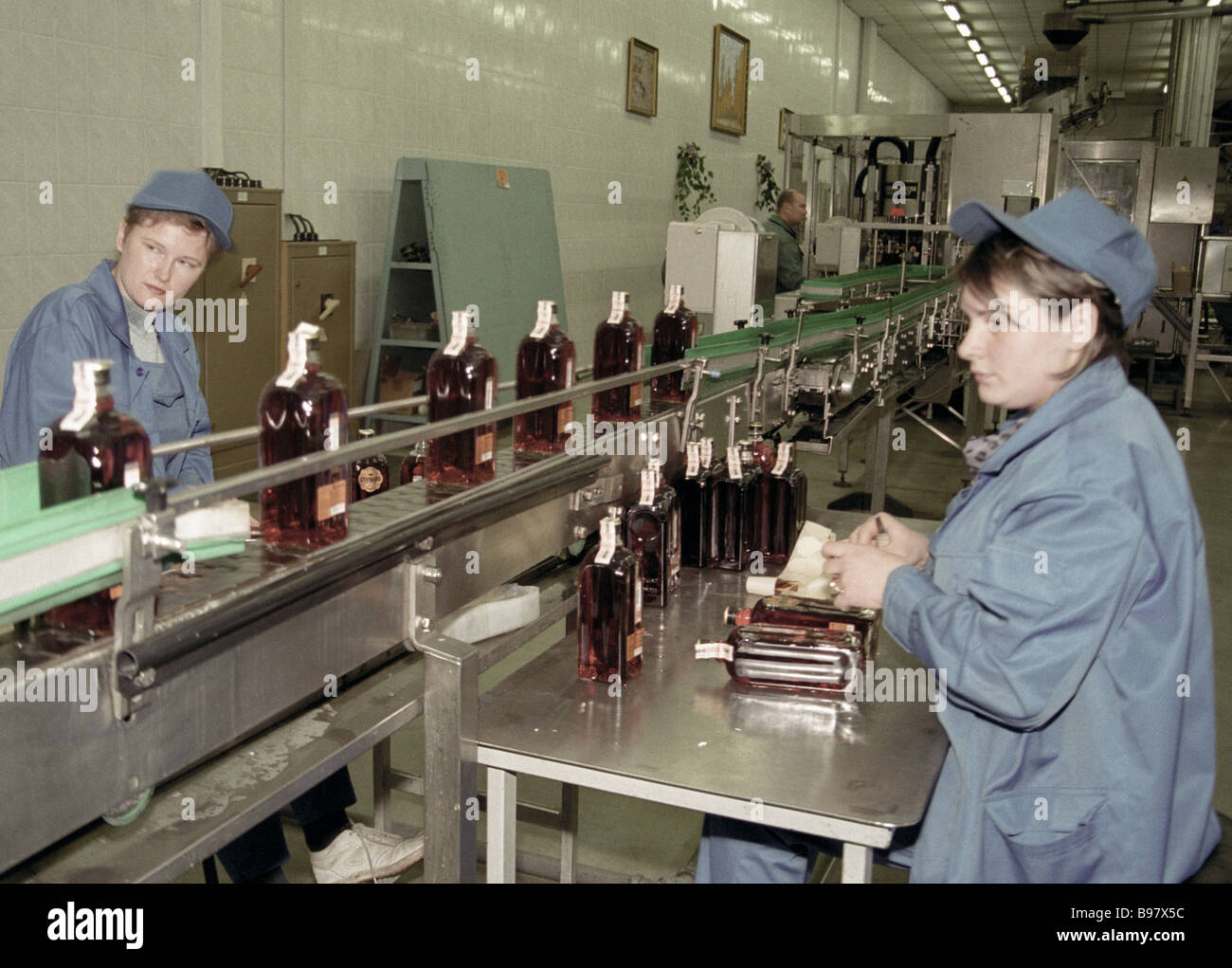 A bottling conveyor line at the OST distillery Chernogolovka Moscow
