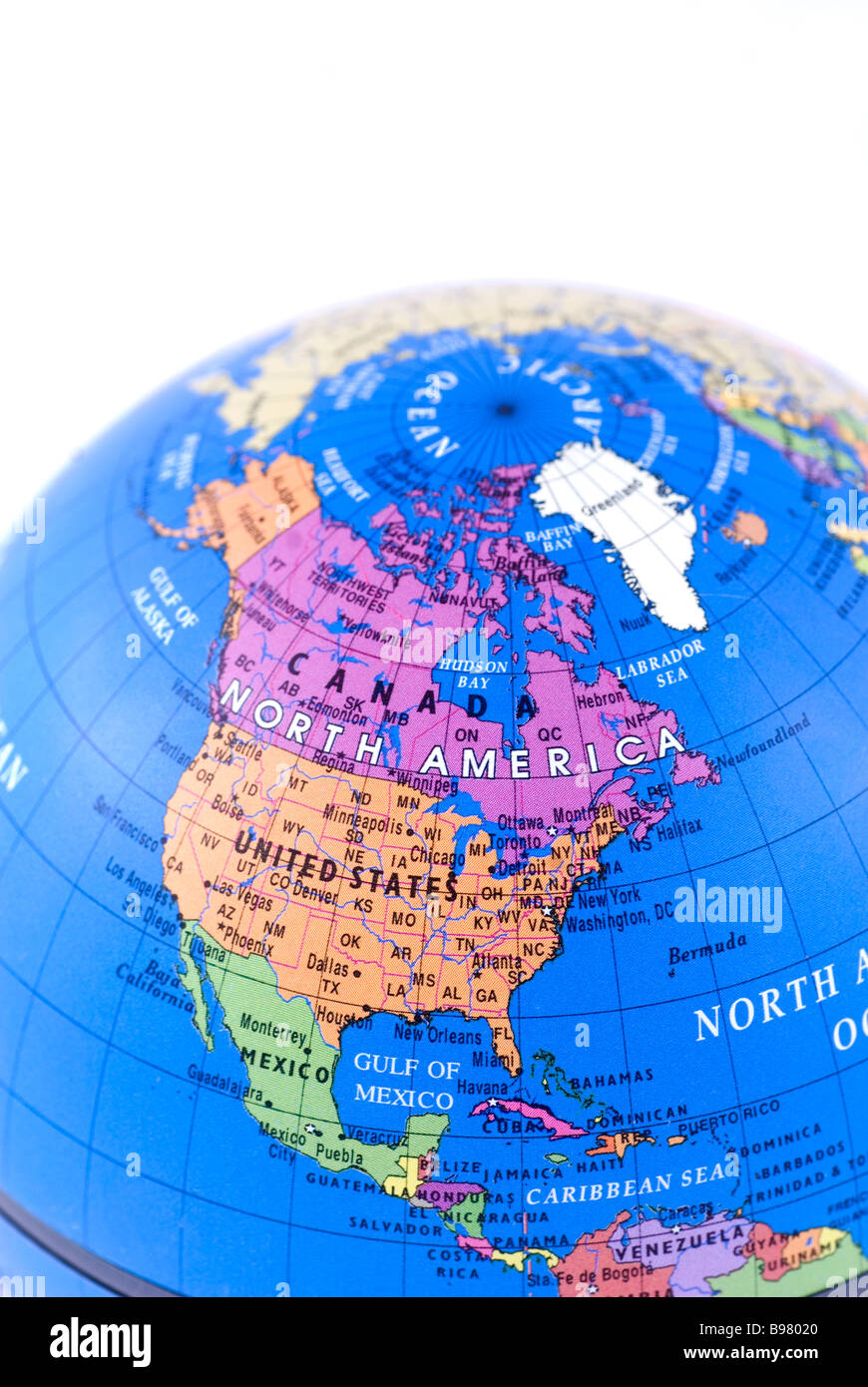 Close up of the American continent on a world globe cutout against a white background Stock Photo