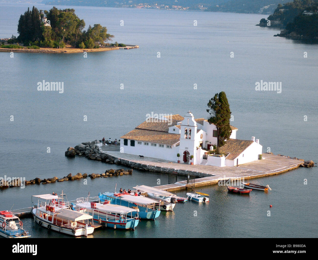 Monastery in islet Panticonissi Little Mouse Greece Stock Photo - Alamy