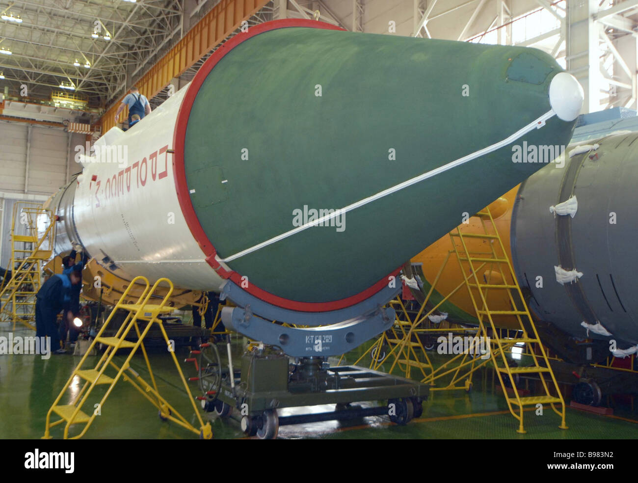 The orbiter processing facility of area 112 at the Baikonur Cosmodrome where the Soyuz U rocket is being assembled in Stock Photo