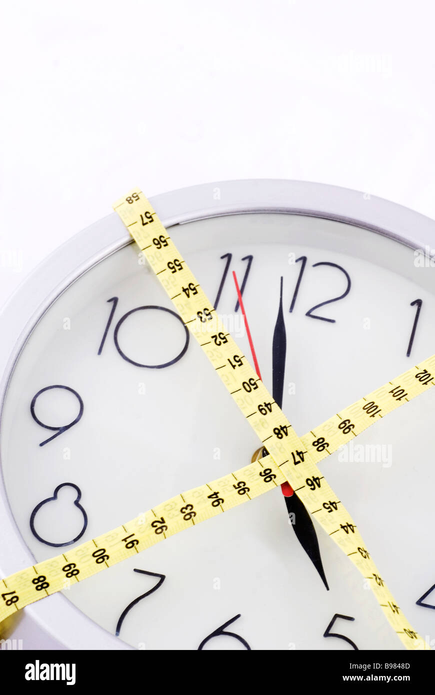 Wall clock wrapped with a tape measure Stock Photo Alamy