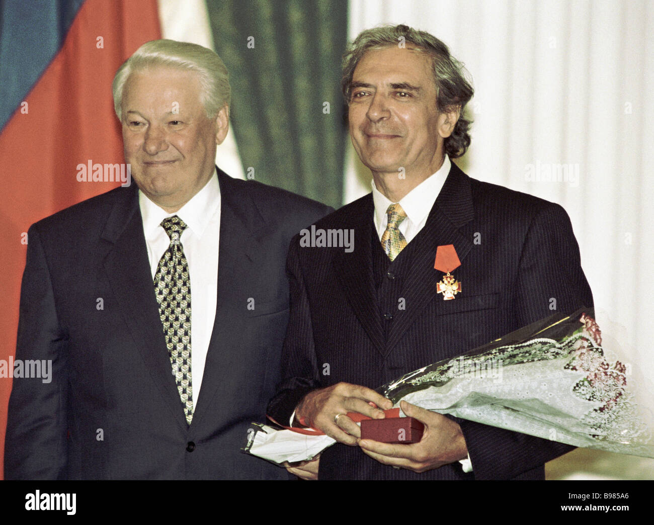 Russian President Boris Yeltsin left and actor Alexander Lazarev right ...