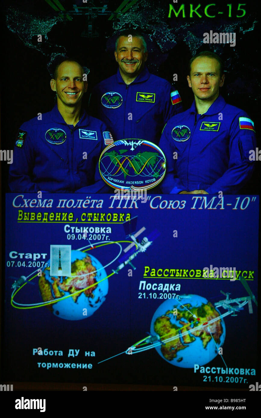 The ISS 15 crew and mission graph screened at the Mission Control Center in Korolev near Moscow Stock Photo