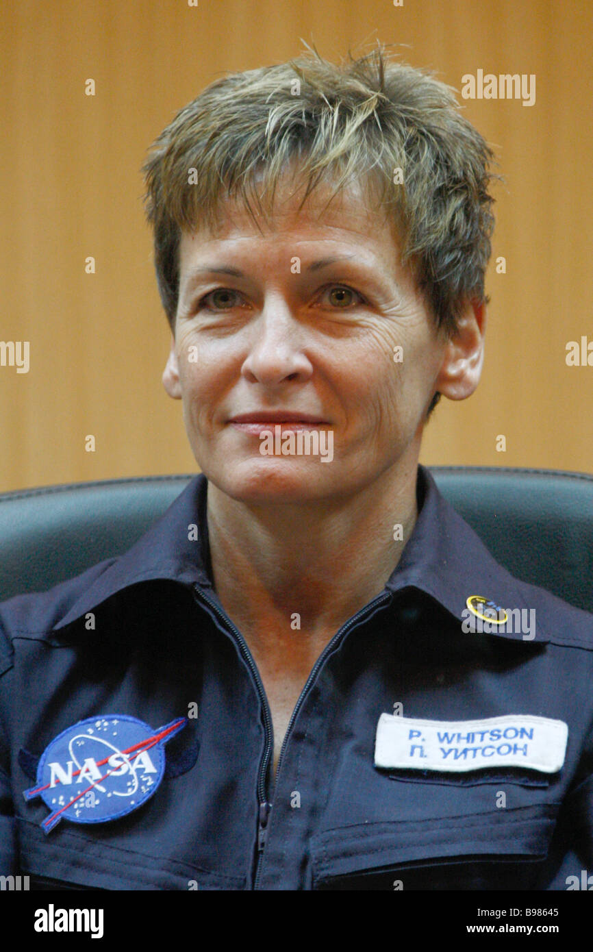 NASA astronaut Peggy Whitson during a news conference of the 16th ISS expedition main crew at the Federal Space Center Stock Photo