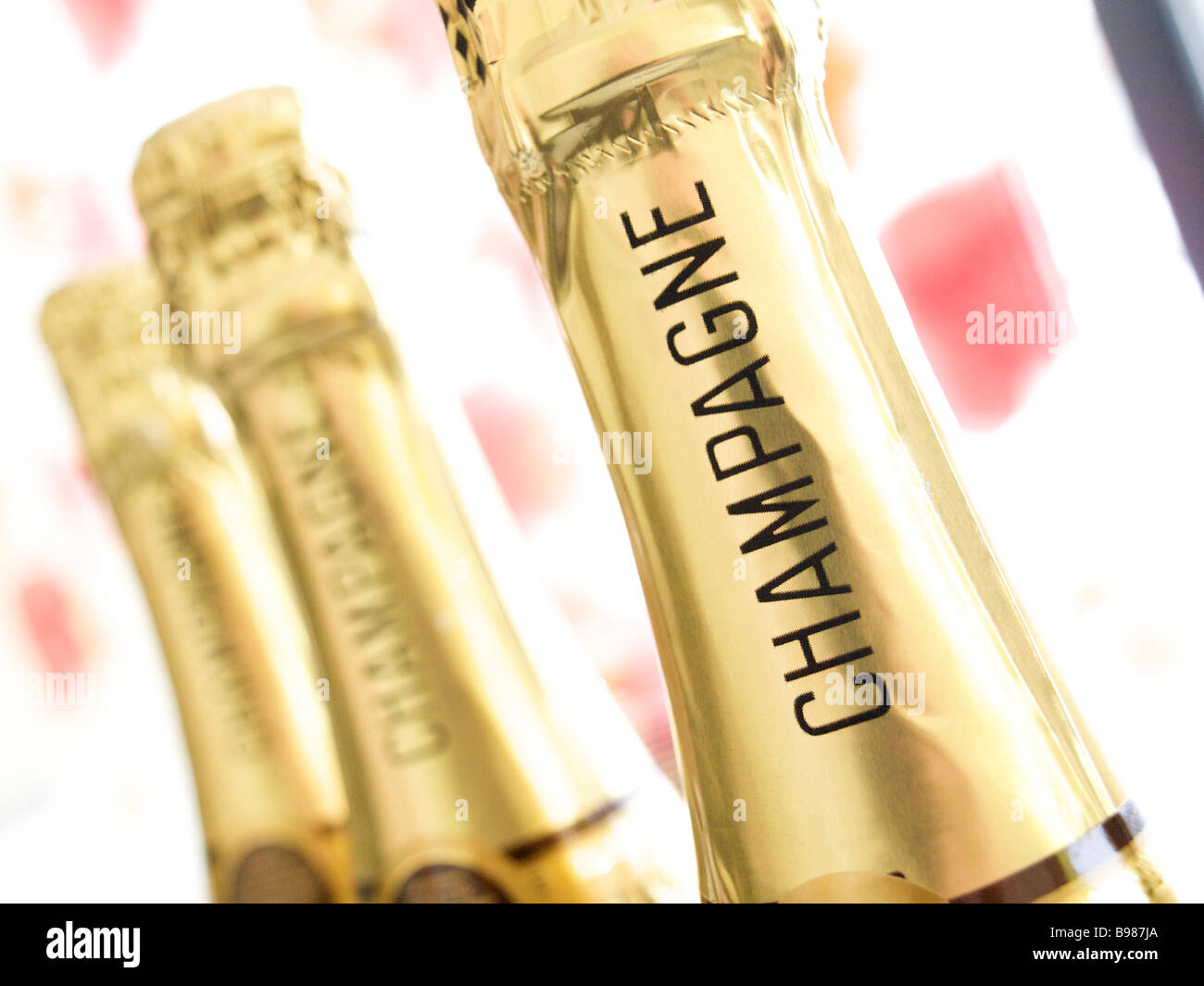 Champagne bottles close up with lables Stock Photo