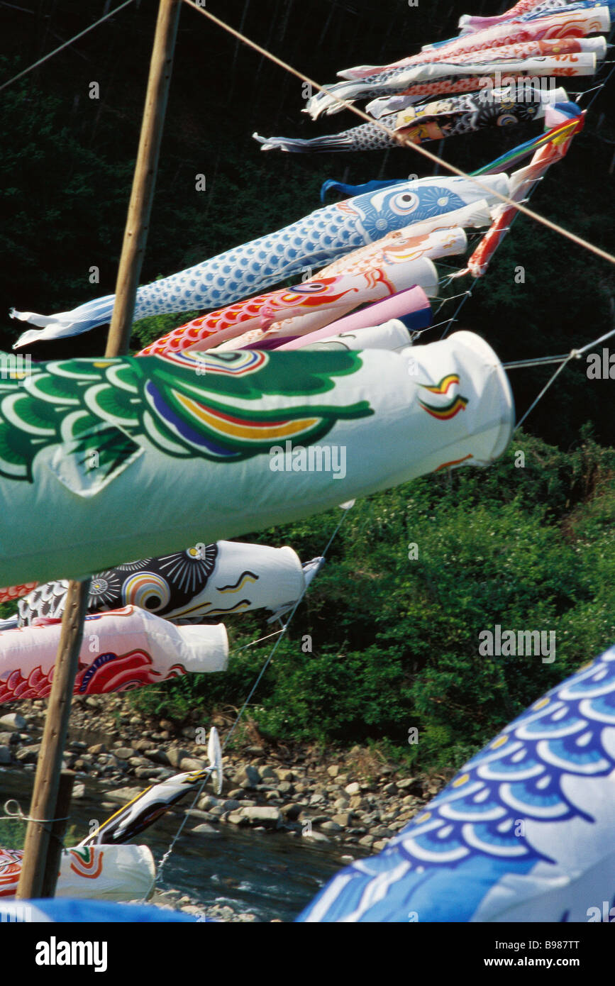 Japanese koinobori flying in the breeze Stock Photo