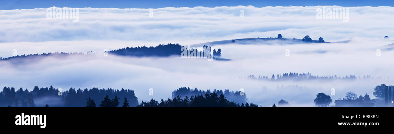 autumn ground fog conceals hilly countryside of the Allgaeu region, Bavaria, Germany Stock Photo