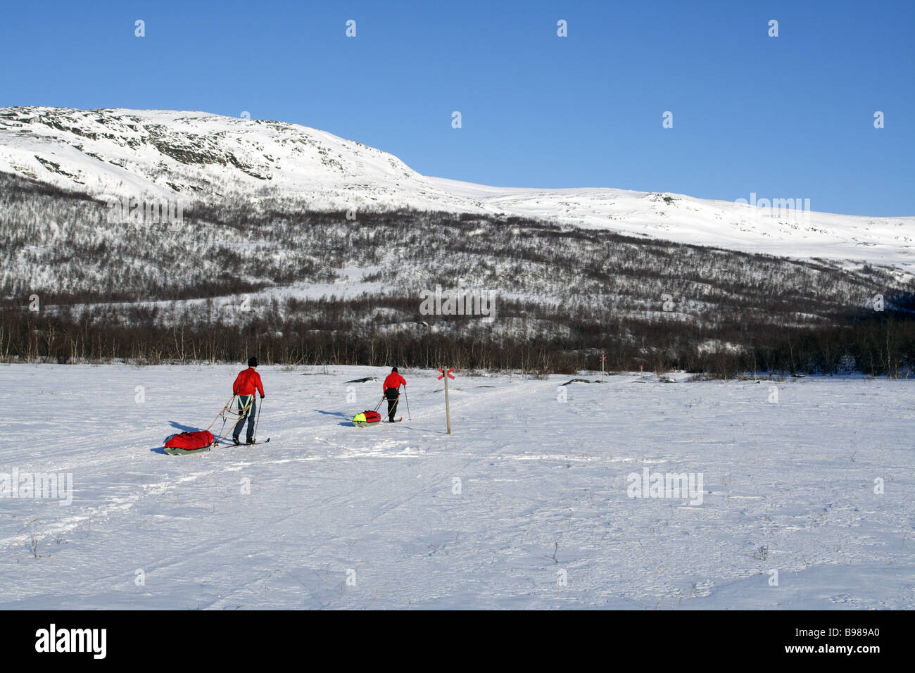 Two men with pulka in the Kungsleden, Laponia, Lapland, Sweden Stock Photo