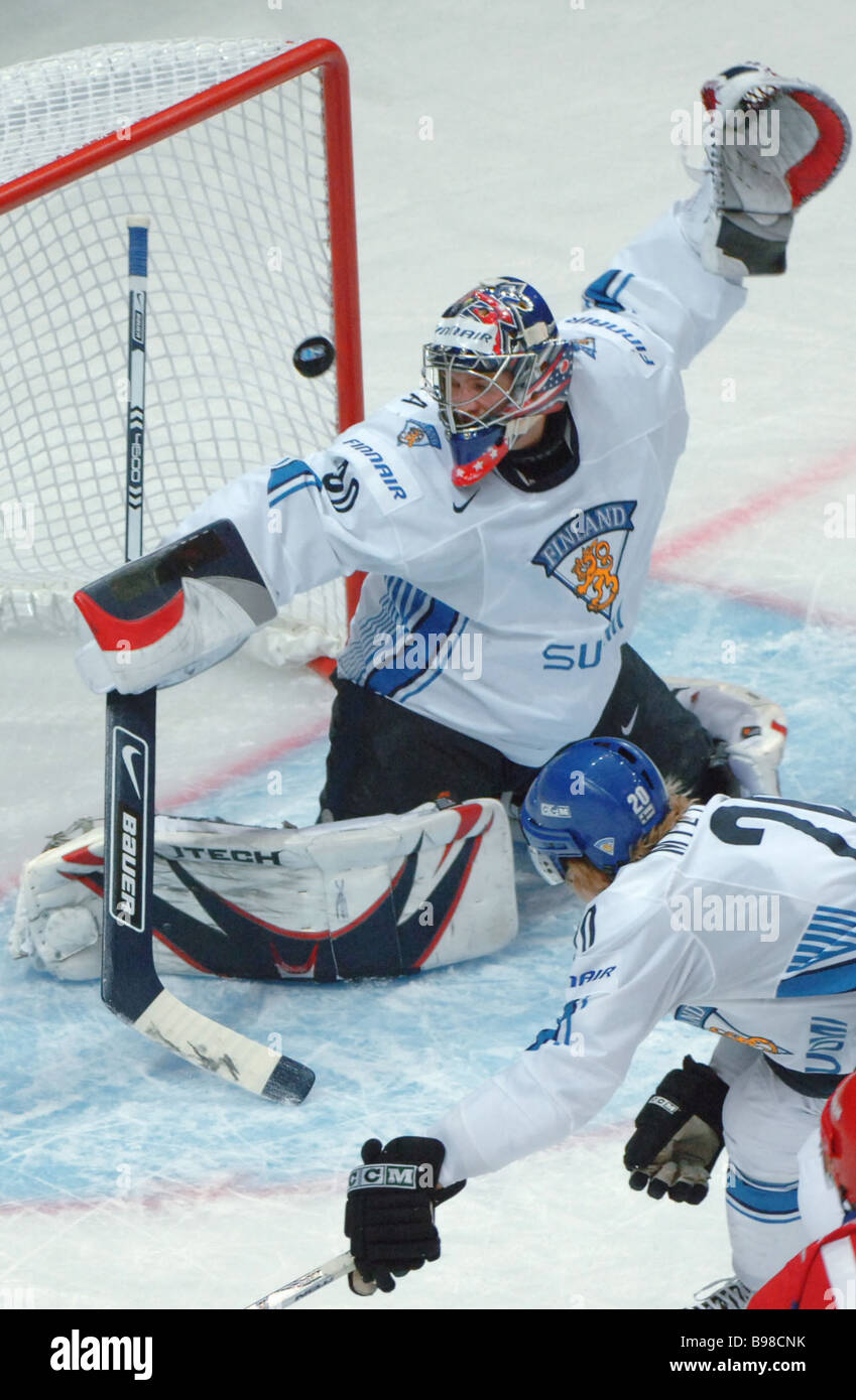 Finnish goalie Frederik Norrena during a game between Russia and