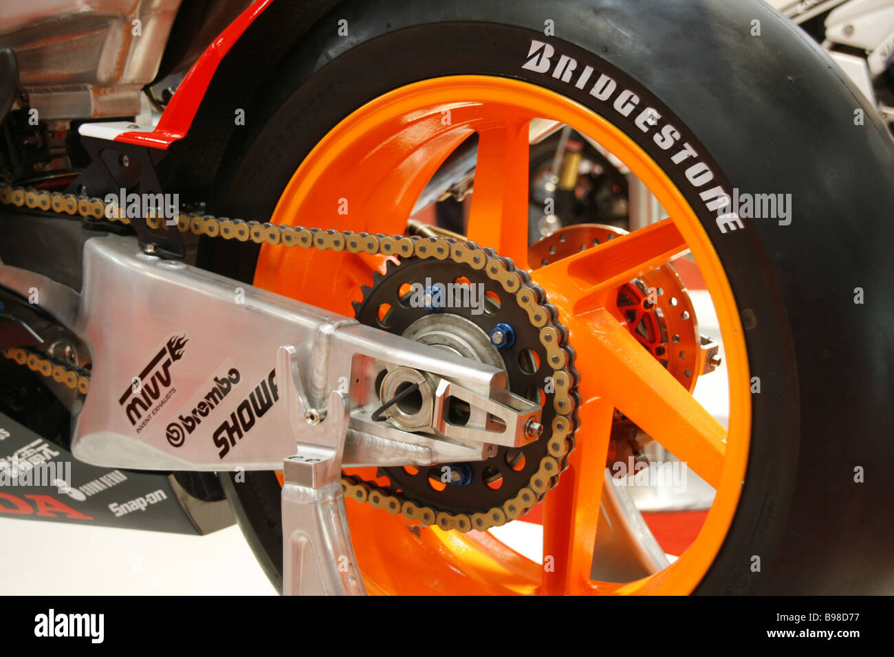 close up of tyre tire grip on motorbike at motor show Stock Photo Alamy