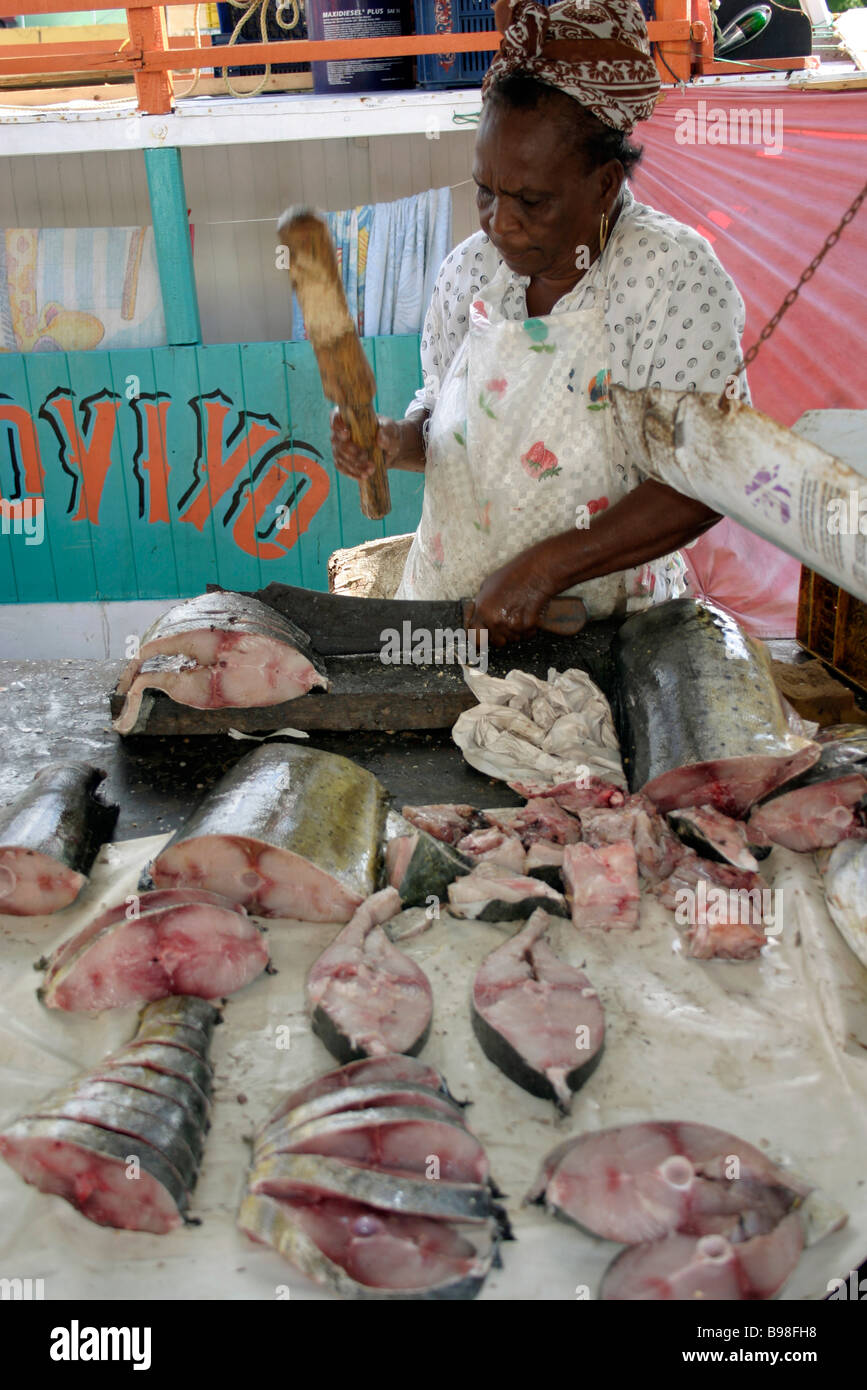 Dutch Antilles Fresh fish stall display on boat Floating market Person
