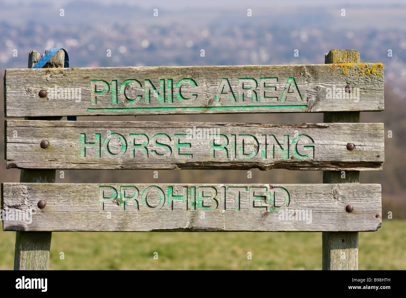 Sign prohibiting horse riding in a picnic area on the South Downs, Sussex, UK Stock Photo