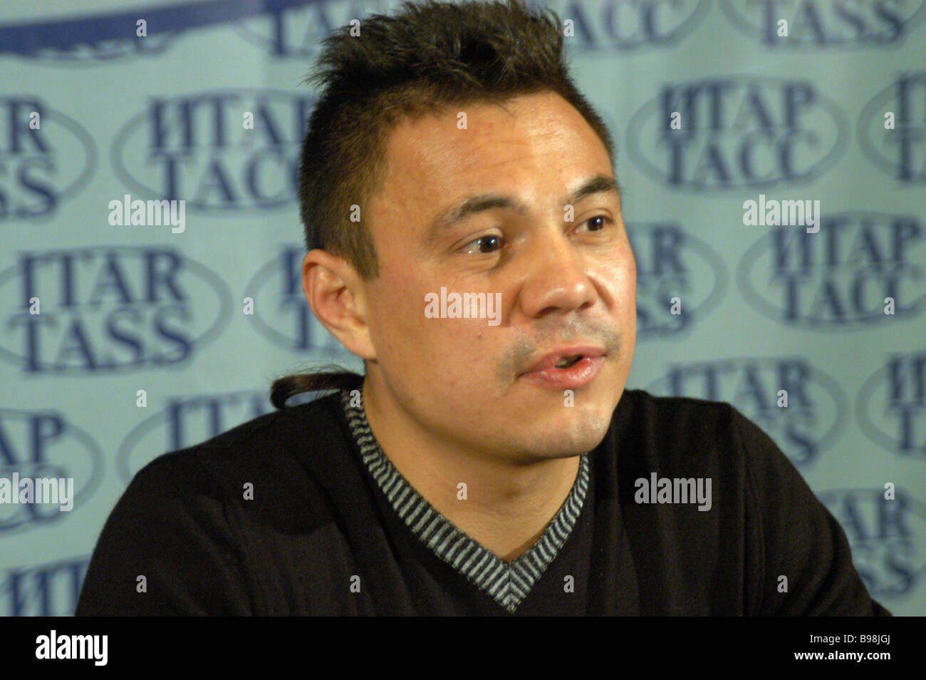 Super lightweight boxing world champion Konstantin Tzyu giving a press