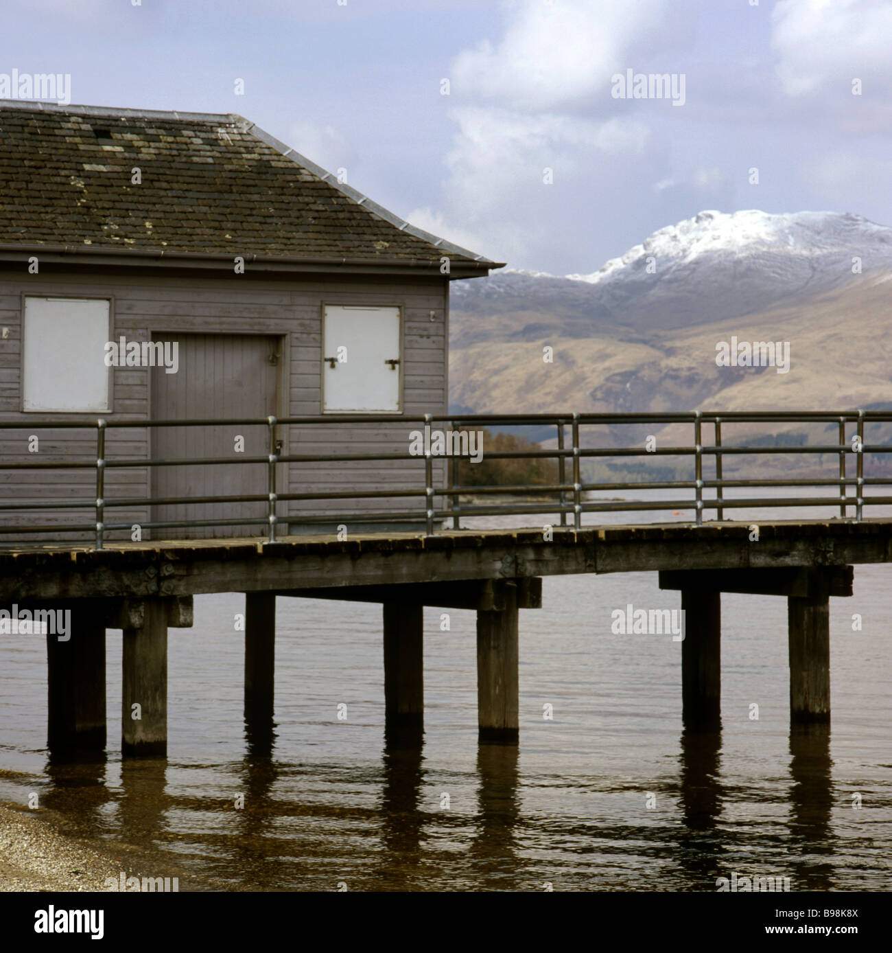 A view of snow topped Ben Lomond across Loch Lomond from Luss Pier