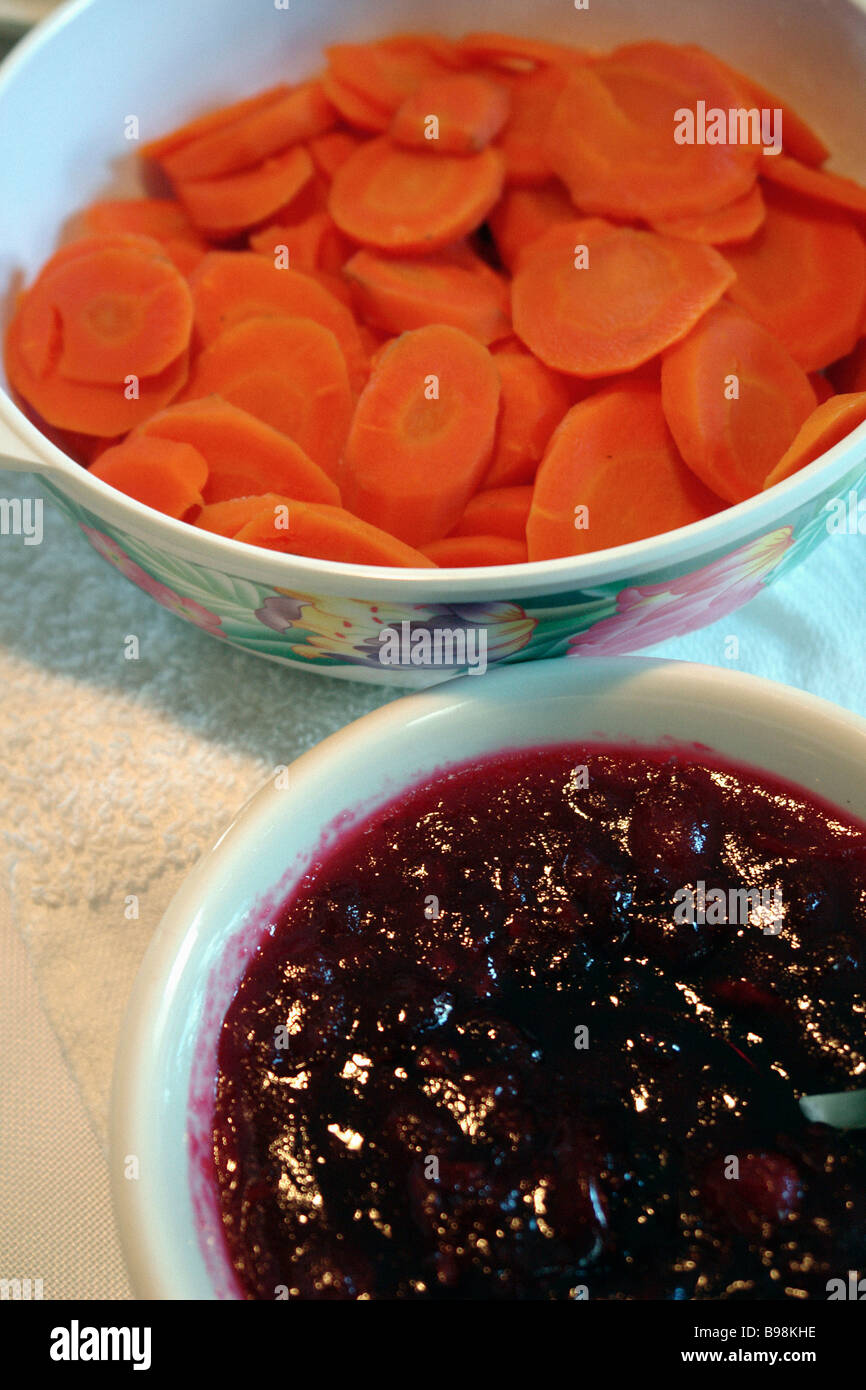 Still Life of Cranberry Sauce and Carrots Turkey Seen from Above Copy Space Stock Photo
