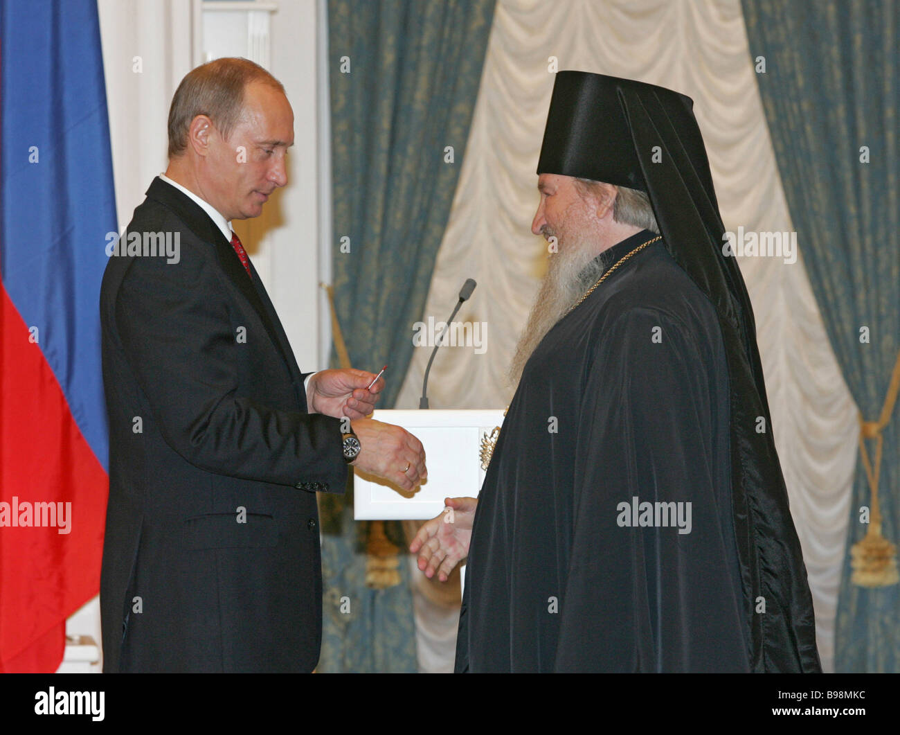 Russian President Vladimir Putin presented the Order for Services to the Fatherland of the 4th rank to Bishop Feofan of Stock Photo