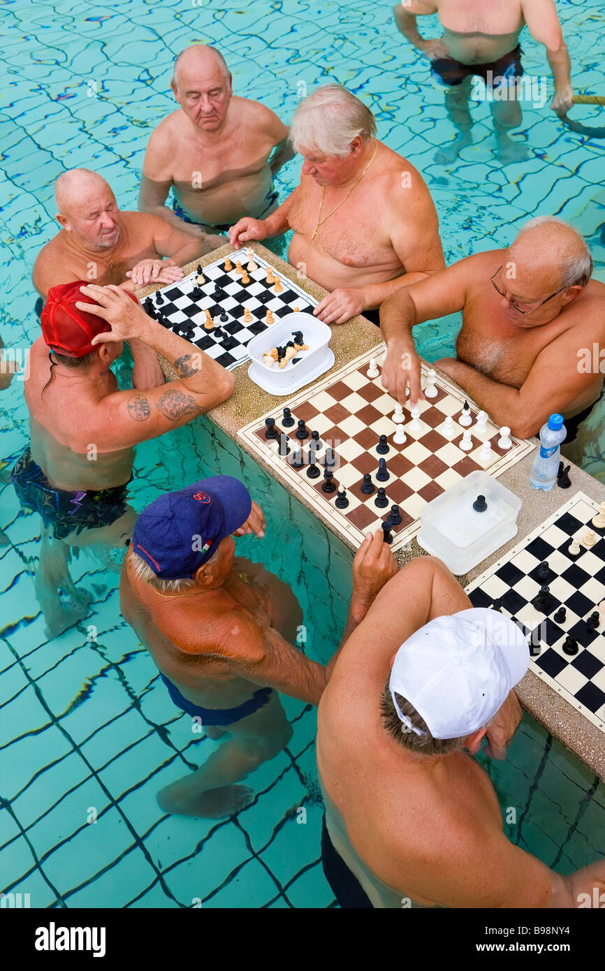 Chess players Thermal baths pools Szechenyi Baths Budapest Hungary Stock Photo