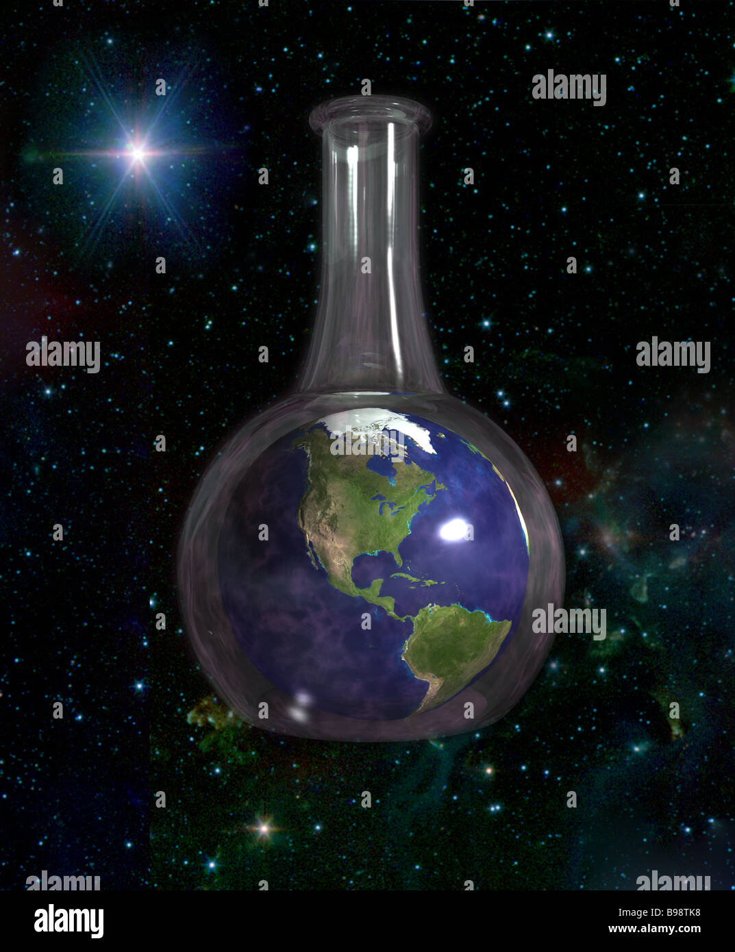 Earth globe, showing North America, suspended in a beaker as viewed from outer space Stock Photo